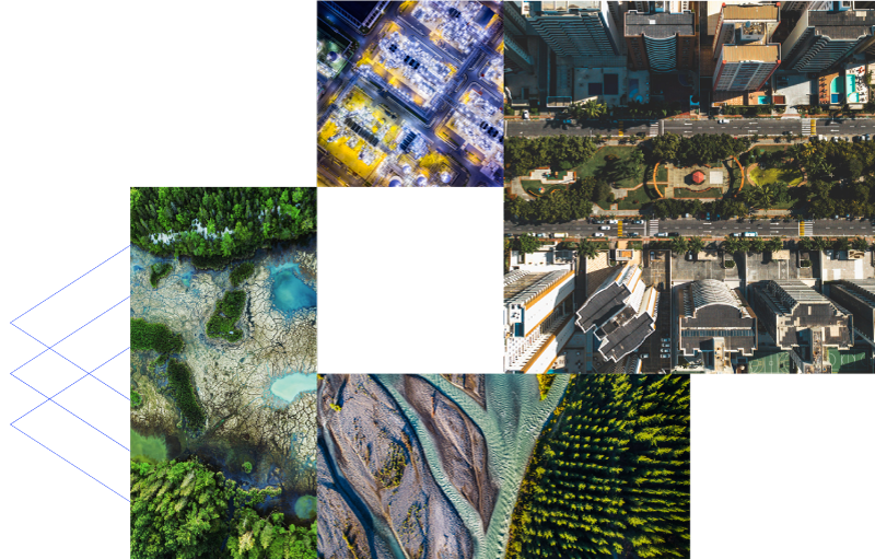 a collage: water springs, a city at night, a delta intersect near a forest and a city park